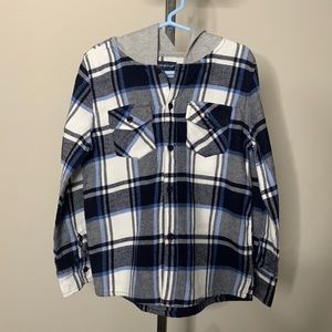 Andy & Evan Stitch Fix Kids Blue Plaid Flannel Button Up With Hood Size:5